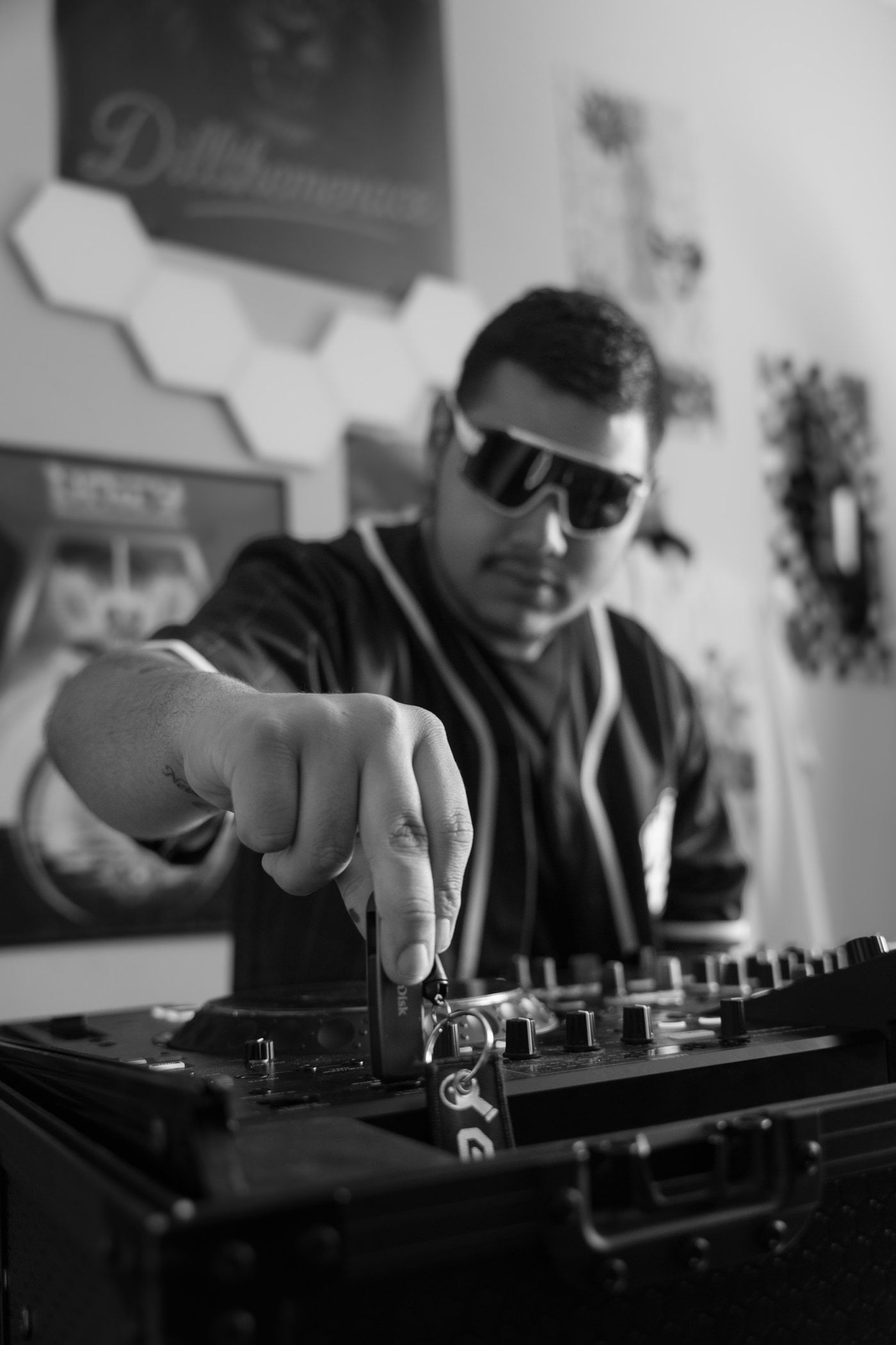 Black and white portrait of Dillon Lundahl, the DJ behind Dill the Menace